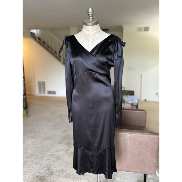 NEW CHANEL Vintage Black Silk Midi Dress Cold Shoulder Bow Ribbon FR 40 NWT - Picture 1 of 16